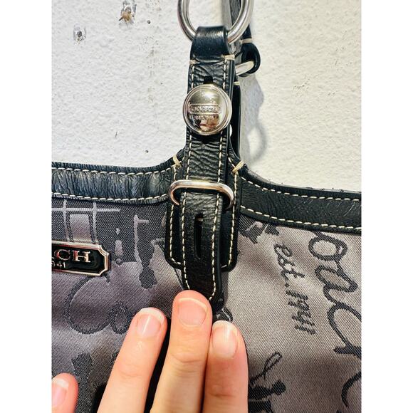 COACH Grey Black Stage Coach Horse Printed Fabric Y2K Leather Tote Handbag - Picture 7 of 15